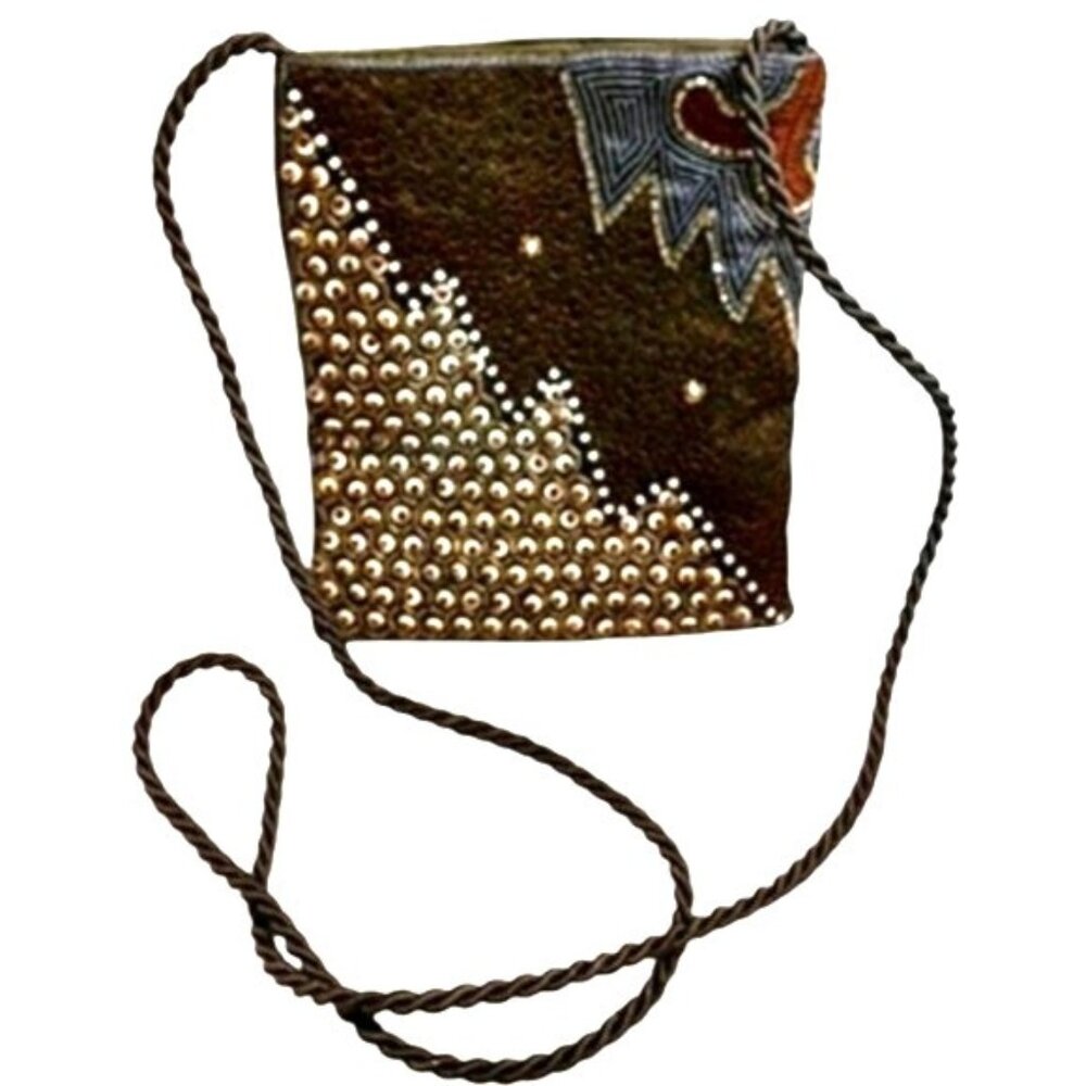 Vintage Bohemian 80s Olive Green and Brown Crossbody Bag with Zigzag Detail